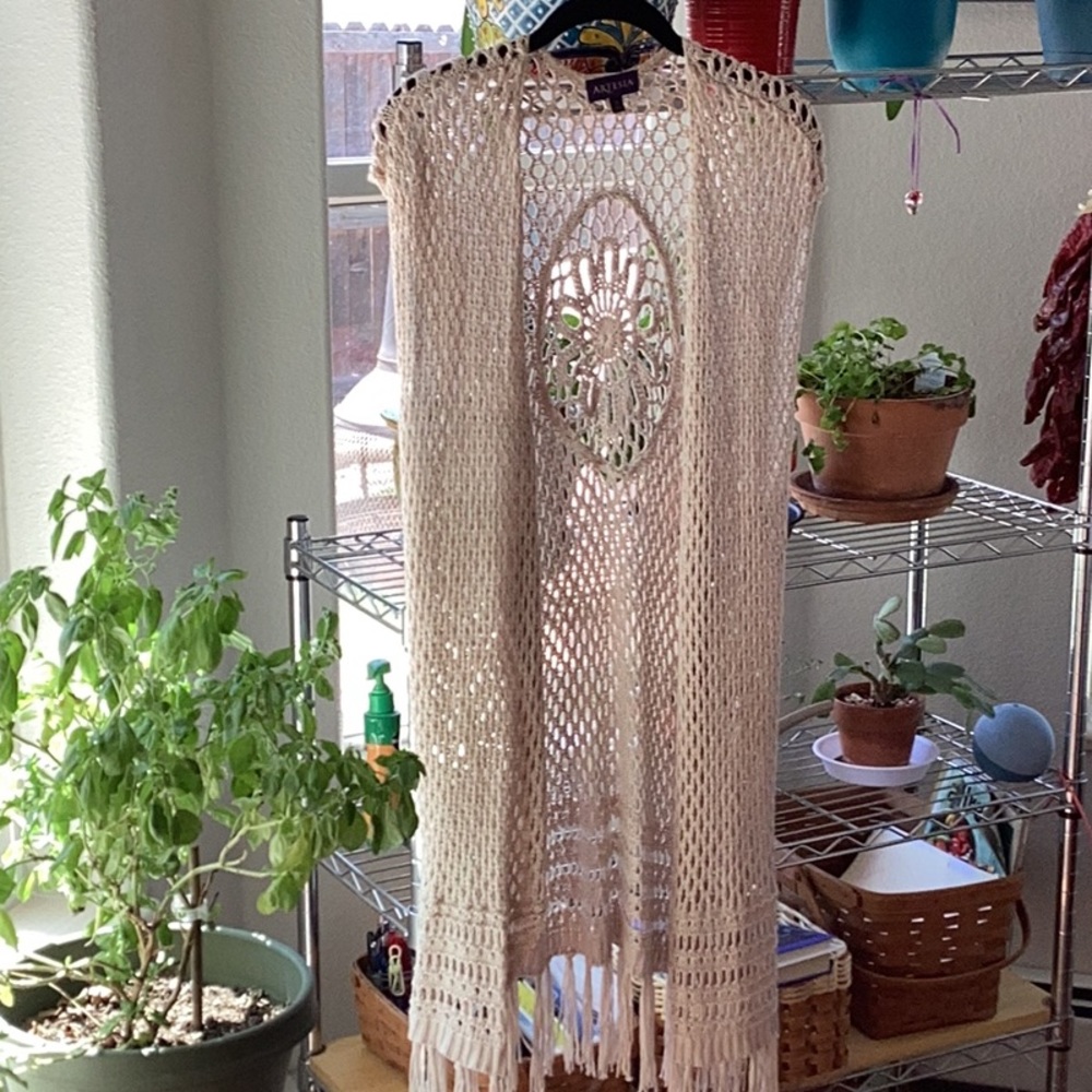 Artesia Bohemian crochet knit fringe vest.